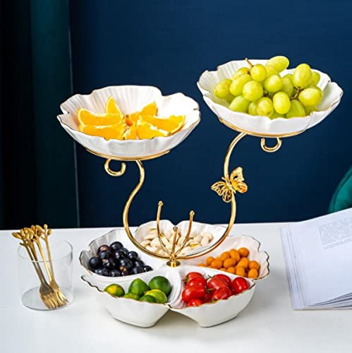 JUNYFFF Frutero De 3 Pisos, Cesta De Frutas De Cerámica, Fruteros De Cocina, 3 Niveles con Forma De Hoja De Loto, Canasta De Frutas para Encimera, Soporte para Cuenco Decorativo,Blanco