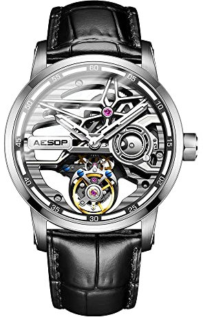 Aesop Tourbillon Herrenuhren Hohles Skelett Zifferblatt Mechanischer Handaufzug Analoge Herren Armbanduhren Super leuchtender Saphirglas Spiegel Wasserdicht Business Luxusuhr 7053(Silber)