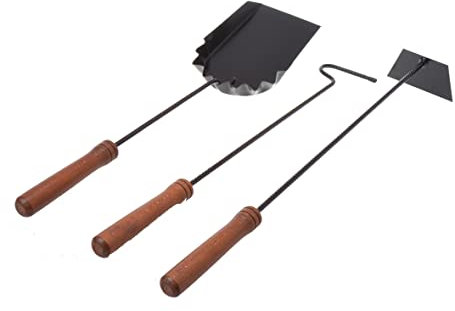 Aqbau® 3er Set kaminbesteck schwarz, Kaminzubehör, Kaminwerkzeug, Kamingarnitur mit Schürhaken, Aschekratzer, Kohlenschaufel, Modernes Ofenbesteck aus galvanisiertem Stahl & Holzgriff