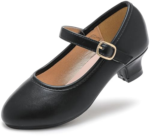 Dufannie Black Girls Dress Shoes Kids High Heels for Girls Flats Pumps Big Kids Heels Size 2 Fancy Formal Princess Shoes Church Ballroom Halloween Party School Dance(3306Black 2)