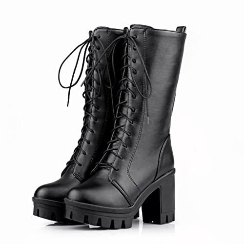 WOkismD Damen Schnürstiefel Hohe Stiefel Schwarz Hohe Stiefel Kunstleder Blockabsatz Stiefel Damen Schwarz Stiefel Damen Hohe Stiefel