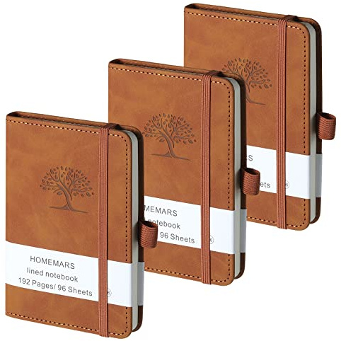 HOMEMARS Fickanteckningsbok, liten anteckningsbok, 3-pack, fickanteckningsblock, 14,4 cm x 9,6 cm, A6 anteckningsbok, litet anteckningsblock, brun, 192 sidor vardera, inbunden, präglingsträddesign,