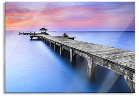 Pixxprint Tableau sur verre | Tableau mural en verre véritable | Long pont avec petit pavillon | 80 x 60 cm | Avec suspension et entretoises