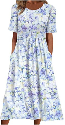 Damen Sommerkleid Freizeit Lose Sommerkleid mit Tasche S-3XL Lang Boho Maxikleid Kurzarm Rundhal Kleid V-Ausschnitt Umstandskleid Freizeitkleid T-Shirtkleid Blumenkleid Dress Casual Loose Swing
