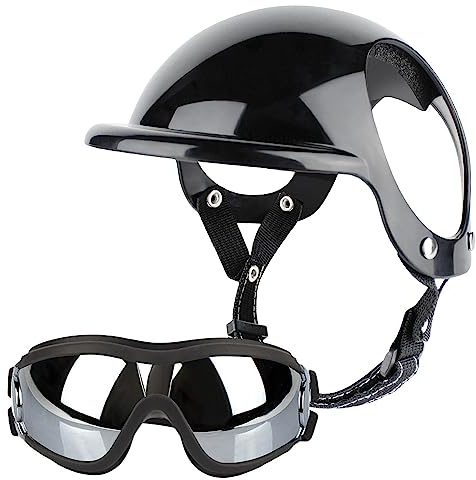 Storaffy Hunde Helm und Brille | 2 Stück Haustier Helm mit Hundebrille | Verstellbare Motorradhelme mit Weichschaum | Hundebrillen Hundehelm Set Haustierzubehör für Hunde, Kopf- und Augenschutz