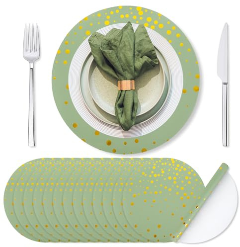 Whaline 50 Stück Weihnachts-Platzsets, salbeigrün, 35,6 cm, Einweg-Tischsets, Goldfolie, gepunktet, Salbei, runde Papiermatte für Weihnachten, Zuhause, Küche, Hochzeit, Esstischdekoration