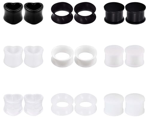 Longbeauty 9 Paar Silikon Ohr Plugs Flesh Tunnels Dehner Piercing Schmuck Reine Farbe Double Flared Flexibel Expander Hart Weich Herz Schwarz Weiß, 16MM
