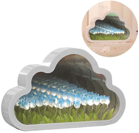 luolety Tulip Cloud Led Mirror Lamp, 20 Flower Cloud Lamp Mirror Night Light Tulip Table Lamp Handmade Light Decoration Ornament for Bedroom, Couple Friends (Blue)