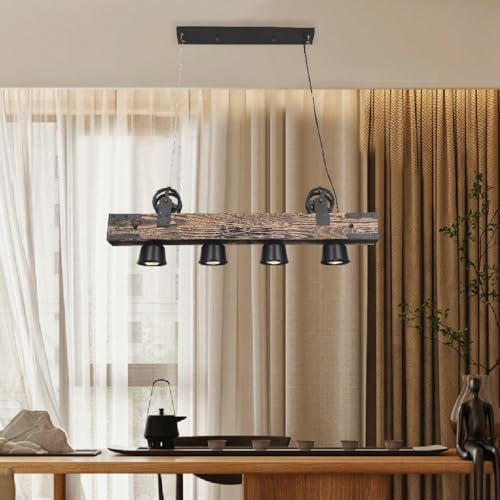 Vintage Pendelleuchte Esstischlampe höhenverstellbar Holz Hängeleuchte Retro Pendellampe Esszimmerleuchte Hängelampe Büro Kronleuchter Küchen Scheinwerfer Wohnzimmer Deckenleuchten 4-Flammig
