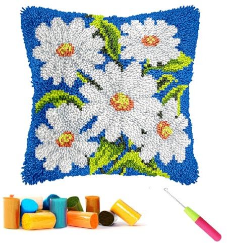 CCWORAN Daisy Flower Latch Hook Cushion Kits For Adults Beginners Kids Pillow Cover Making Crochet Craft Kits Pre Printed Canvas Wool Yarn Hobbies Diy Sofa Home Decor Women Gift