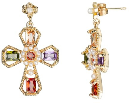 Orecchini a perno a forma di croce in cristallo colorato per donne e ragazze, placcati oro 14 carati, con perline pendenti in stile bohemien, gioielli alla moda, regali, Metallo