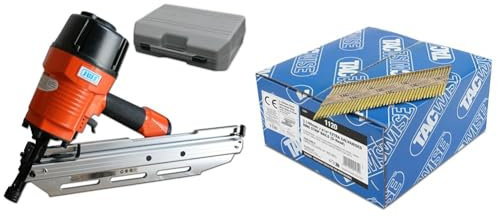 Druckluft Streifennagler Druckluftnagler Nagelgerät 34° 50mm bis 90mm Nagler & TACWISE 1120 Extra verzinkte Rahmennägel, 3,1/65 mm, D-Kopf, Ringschaft