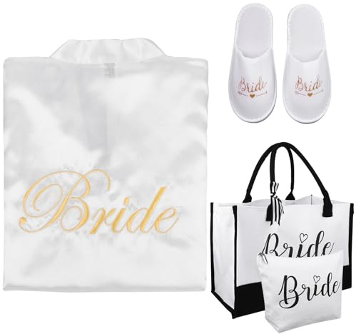 Bridesmaid Party Robes Set,Bride Slippers White Wedding Robes Bridal Bridesmaid Canvas Tote Bag Makeup Bag Gifts Cosmetic Pouch for Wedding Bridal Shower Women Bachelorette Fiancee Married Gifts