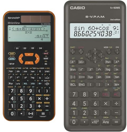 Sharp EL-W531 XG-YR Wissenschaftlicher Schulrechner (4-zeilige Anzeige, WriteView, D.A.L.-Eingabe) Orange & Casio FX-82MS-2 Wissenschaftlicher Taschenrechner, Batteriebetrieb, grau
