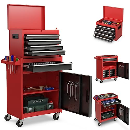 COSTWAY 2 in 1 Werkstattwagen inkl. Koffer & 8 Fächer & Haken & verstellbarem Regal, Werkzeugwagen Abschließbar auf Rädern ohne Werkzeug, Profi Werkstatt-Wagen Metall 100 kg Tragkraft, 59x28x102cm