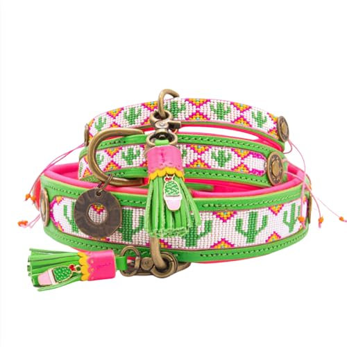 Dog with a Mission - Hundehalsband S | Farbenfroh Grün, Rosa mit Perlen | Hübsch, Boho, Ethno, Ibiza, Hippie | Kleine Hunde | Handgemacht | Modisch und Bunt | Aus weichem Echtes Leder | 2 cm Breit