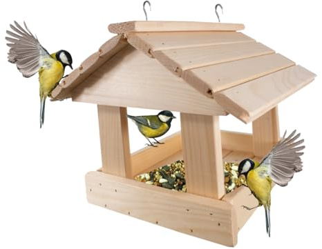 WOODOK Vogelhaus wetterfest aus robustem Holz, Futterhaus für Vögel zum Aufhängen, Rustikales Design für Balkon, ökologisch & nachhaltig, 25x25x30 cm - Naturholz