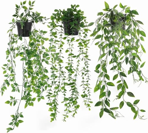 Artificial Hanging Plant, Set of 3 Faux Eucalyptus Plants with Pot, Greenery Faux Fake Ivy Decor, Fake Ivy Potted Plants for Indoor Outdoor Home Wall Patio Office Table Shelf (3 PACK Hanging Plant)