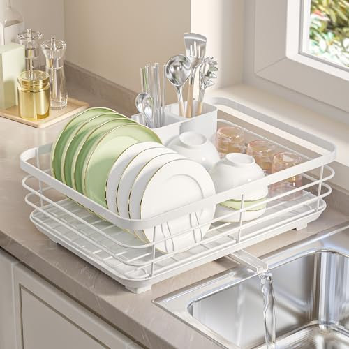 Smlper Dish Drainer Rack with Utensil Holderspace,Space Saving Dish Rack Kitchen Dish Rack Sink Dish Drying Rack with Drainboard,Swivel Drainage Spout (White)