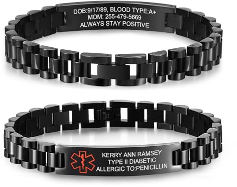 Personalised Medic Alerts Bracelet for Men - Free Engraving Stainless Steel Strap Style Medic ID Wristband with Epilepsy Allergy Emergency Infor, Customised Black SOS Medical Bracelets