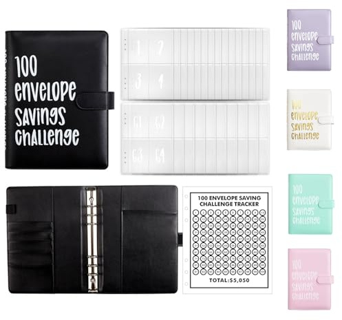 AMONENZ Schwarz Budget Binder, Sparbuch für Geld Challenge | Kunstleder Geld Organizer, Budget Planner A5 mit 100 Umschlägen, für Haus, Schule, Büro