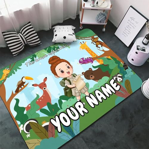 SHROUDEX Personalisiert Teppiche mit Namen, Dschungel Tierwelt Teppich, Personalisierte Zoo Tiere Kinderteppich Flanell-Teppiche Spielteppich Krabbelmatte (1,120x160cm)
