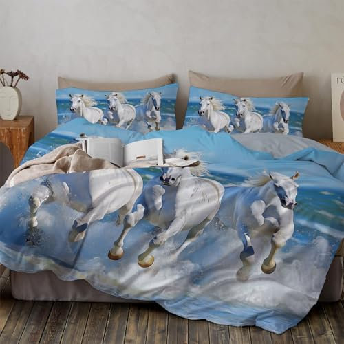 WunM Studio Set Copripiumino Cavallo bianco, 1 x Copripiumino e 2 x Federe 50x90 cm Completo Sacco Parure Letto Bohémien Microfibra Animale di potere elegante