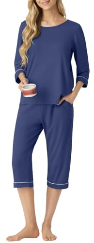 PrinStory Ensemble pyjama pour femme - Col rond - Manches 3/4 - Vêtement de nuit - Vêtement de détente - Avec poches, bleu marine, XL