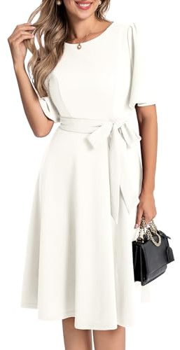 Bbonlinedress Abendkleider elegant für Hochzeit Cocktailkleid Damen Kurzarm Rundhals Winterkleid festlichs Kleid mit Gürtel Partykleider White XL