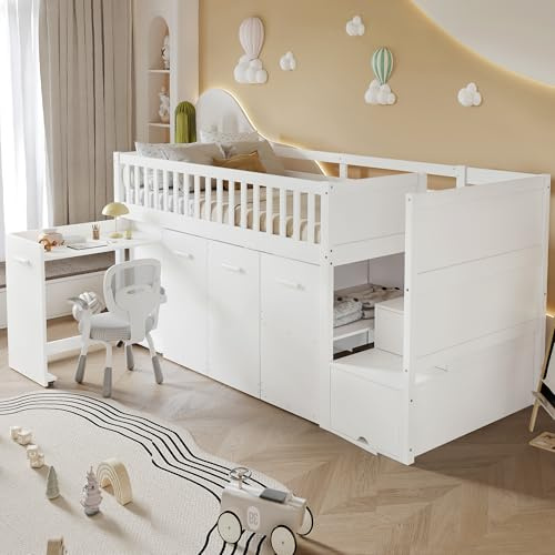 Sapgaks Etagenbett für Kinder, 90 x 200, Hüttenbett für Kinder mit Barriere, 90 x 200, Hochbett, 1 Platz, Treppe, mit Schreibtisch/Kleiderschrank/Schließfächern, mit 2 Fächern in der Treppe, Kiefer +