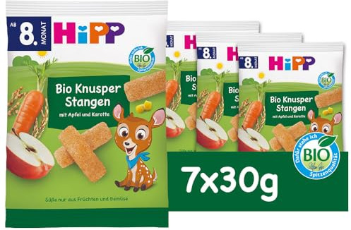 HiPP Bio Knusper Stangen Apfel Karotte (7 x 30g), Babysnack ab 8. Monat, glutenfrei, Süße nur aus Früchten und Gemüse, ideal für unterwegs & zwischendurch