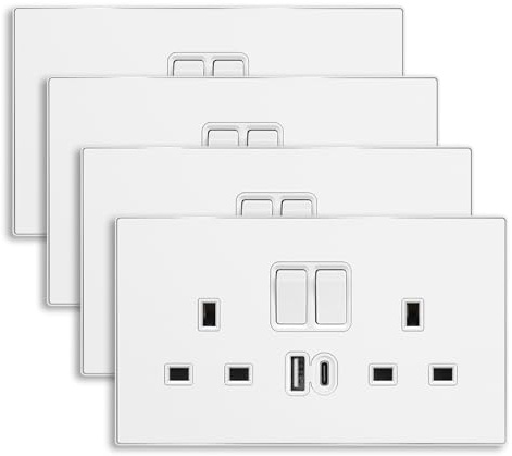 CNBINGO 4-Pack Aluminium Steel Double Socket, USB-AC Fast Charging, White | Electric Socket with 20W USB-A and Type-C, Wall Outlet with Power Switch, Smooth Aluminium Panel, Ideal for Home Office