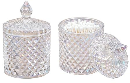 2 Pack Glass Apothecary Jars with Lids, Diamond Faceted Candy Jar & Qtip Holder, Bathroom Storage Organizer for Cotton Swabs, Pads, Jewelry, Sweets, Wedding（Crystal Colorful）