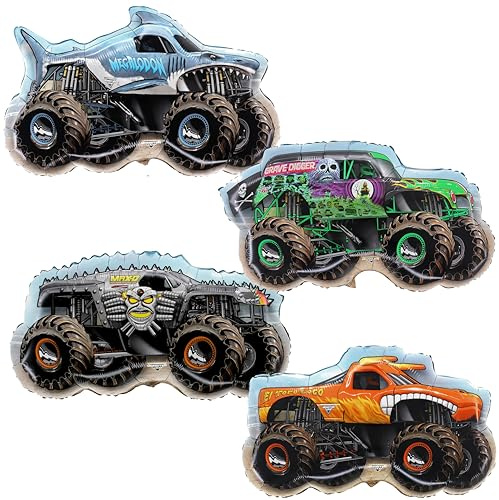 Toyland® Pack Of 4 Monster Jam Truck Foil Balloons - Grave Digger, El Toro Loco, Max D & Megalodon Shaped Character Balloons