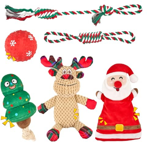 Arblina Jul hundleksaker, hund julklappsset 6-pack för små/stora hundar, interaktiva hundleksaker inklusive pipande leksak, repleksak, gummi valpboll, plyschleksak, julklappar för hundar