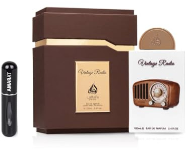 Perfume Vintage Radio Eau de Parfum 100ml, Perfume Árabe Unisex de Larga Duración, Incluye Atomizador Recargable 5ML, Fragancia con Aromas Cítricos Amaderados con Toque Especiado (Vintage Radio)