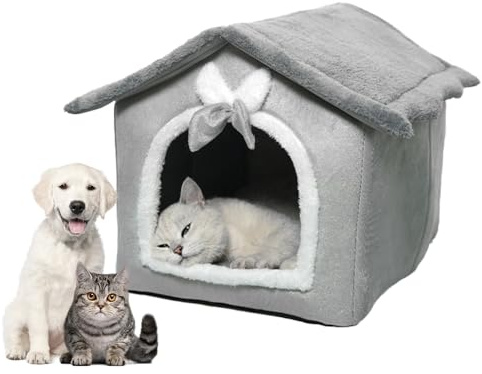 Hojalis Letto Grotta per Gatti, Igloo in Peluche, Igloo per Gattiin Peluche Caldo E Accogliente, Nido DiGatto Semichiuso con CuscinoPeluche, Pieghevole CasettaGatti per Cani E Gatti Piccoli