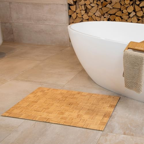 DE-COmmerce Badteppich aus Bambus KARO Nature 30x50 cm Badematte Badvorleger Duschmatte für Bad, WC oder Wellness rutschhemmend