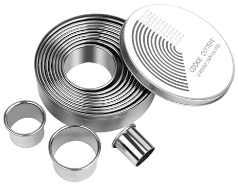 12 Pcs Round Cookie Cutter Set, Stainless Steel Pastry Cutter Circle Biscuit Cutters with Storage Box for Baking Donut Scone Fondant DIY Cake
