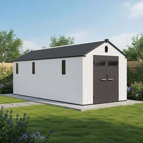 Jôbu Abri de Jardin Résine Gris 14m² | Structure Robuste Aluminium & Polypropylène | Toiture Double Pente, Résistance Neige 75kg/m² | Plancher Inclus, Montage Facile | Garantie 3 Ans