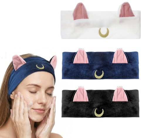 DOPENSPI 3 Stück Make Up Haarband, Haarband Kosmetik für Make Up und Waschen, Elastisches Gesicht Waschband Stirnband Katzenohren für Mädchen Damen Yoga, Sport, Hautpflege Kosmetik Dusche
