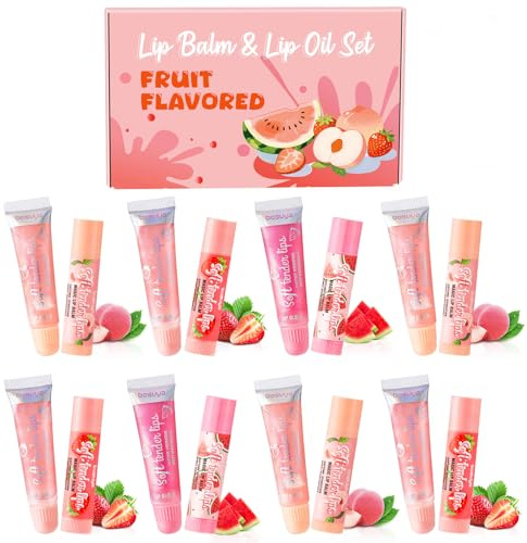 Set de cuidado labial, 8 brillos de labios + 8 bálsamos labiales, set de bálsamo labial y brillo de labios afrutado para labios secos y agrietados, cuidado labial. Pequeños regalos para mujeres, niñas