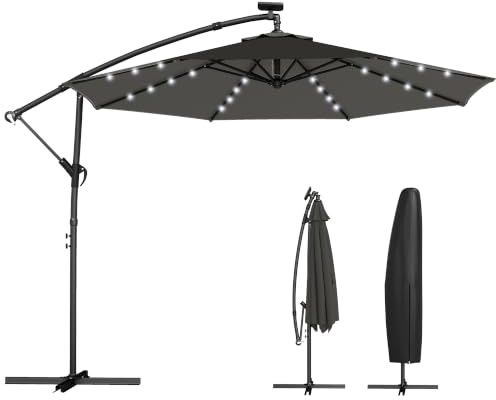 Outsunny Parasol déporté LED solaire Ø300 cm 360° rotatif Gris foncé | Avec manivelle, housse de protection, support, protection UV, imperméable, parasol soleil/jardin/marché