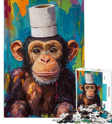 Puzzle 1000 pièces pour Adultes Singe avec Chapeau en Papier Toilette Puzzle pour Adolescents Anti-Stress Jeu Difficile et Stimulant Jeu éducatif (Dimensions 50x75cm)