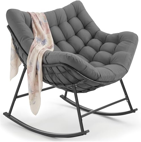 tectake® Fauteuil à Bascule 93x99.5x89 cm, Rembourrage épais avec Motif matelassé, Résistant aux intempéries, Max. 120kg, Structure en Acier, Assise en rotin tressé, Rocking Chair - Gris Anthracite