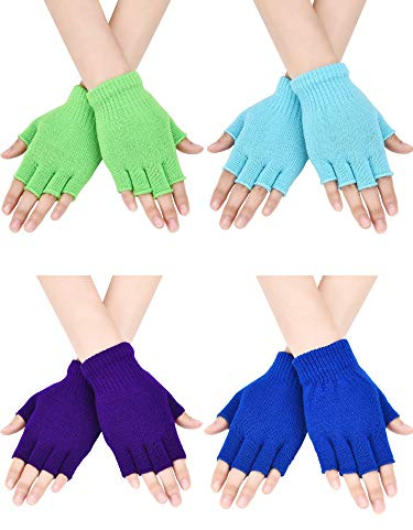 Bememo 4 Pairs Fingerless Gloves Half Finger Mittens Winter Solid Color Typing Knitted Gloves for Boys and Girls(Purple, Green, Royal Blue, Sky Blue)