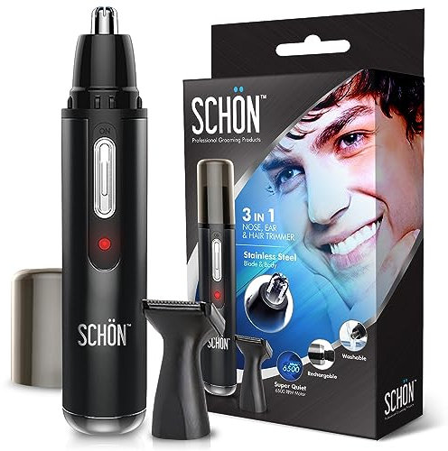 SCHON Stainless Steel Rechargeable 3-in-1 Eyebrow, Ear, Facial, & Nose Hair Trimmer/Clipper for Men&Women | Hair Clippers, Flawless Hair Remover, Male Beard Trimmers Kit, Grooming Kit, Groomer (Black)
