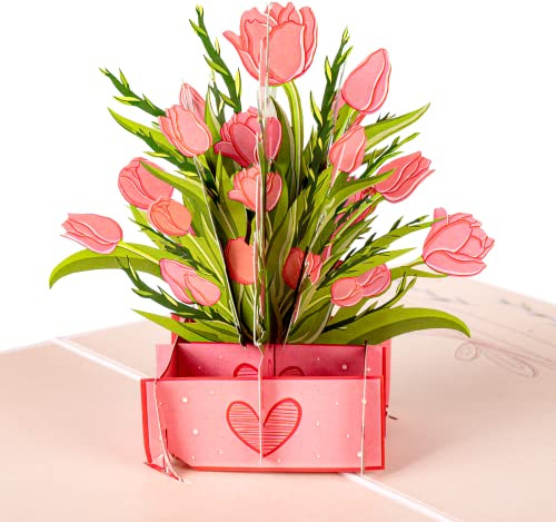 LIMAH® Pop Up 3D Glückwunschkarte zum Geburtstag, Valentinstag, Muttertag, Ostern/für Frau und Mann/Motiv rosa Tulpen in einer Box