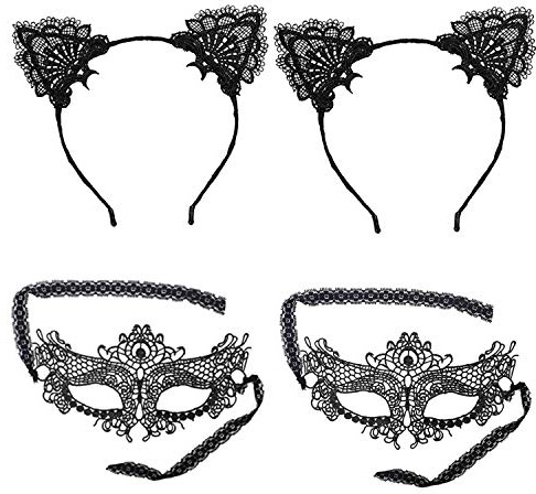 JinYu 4er Pack Katzenohr Stirnbänder und Spitze Augenmaske Set, Sexy Spitze Katze Ohren Stirnbänder für Party Cosplay Geburtstag Haarschmuck Schwarz für Halloween(black Lace Ear)