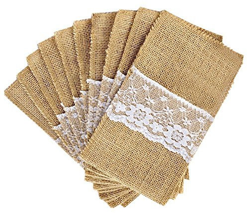 Gaetooely 50 Stueck Natur Jute Besteck Messer und Gabeln Besteckset Besteck Tasche Halter Sackleinen&Lace Party Hochzeit Dekor, 21x11cm